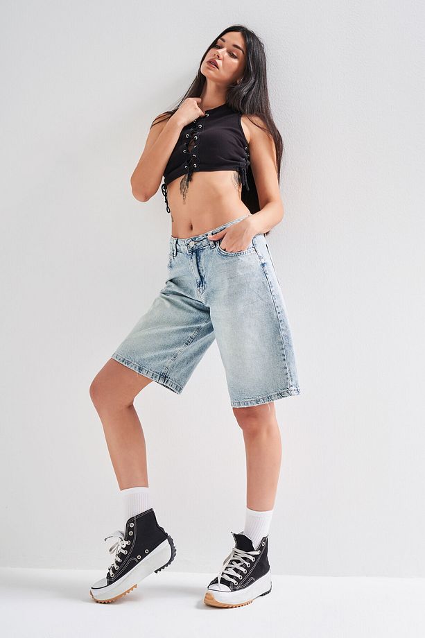 Kadın Tint Kot Rengi Baggy Fit Midi Boy Denim Şort - 3