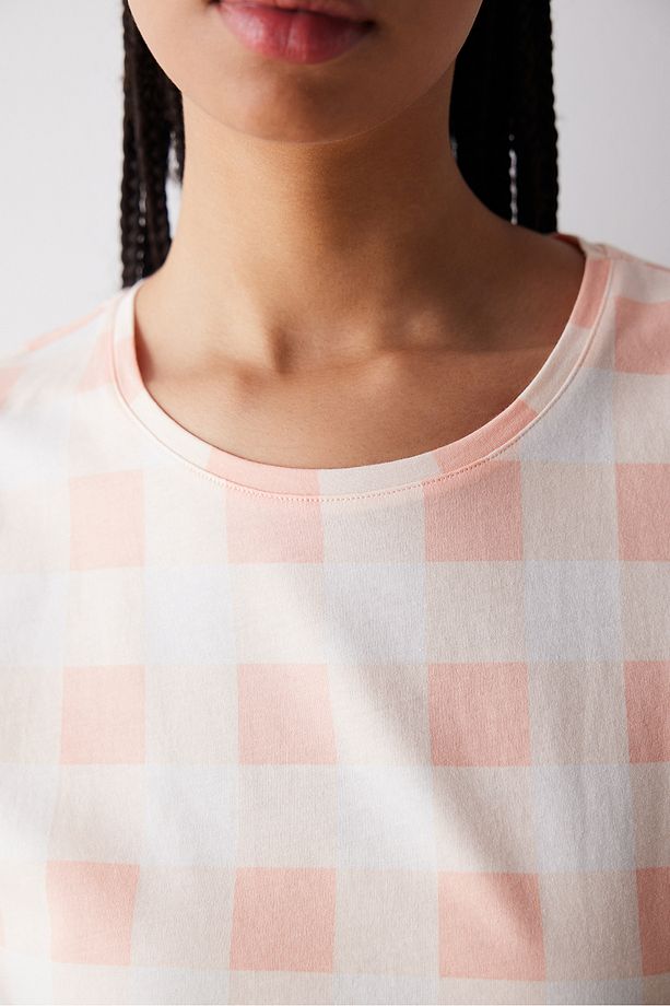 Peach Gingham Şortlu Pijama Takımı - 3