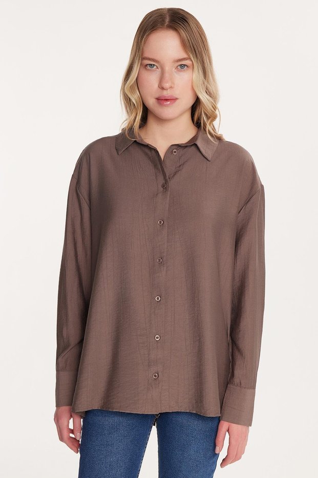 Women's Regular Fit Long Sleeve Gray Shirt with Back Tie Detail
