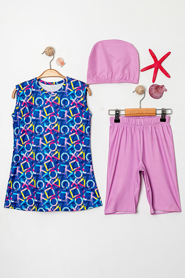 Tie Dye Patterned Boned Girls' Triple Swimsuit Sleeveless Set