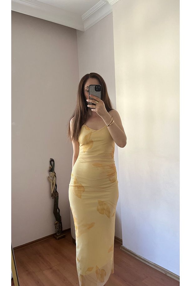Zr Model Sarı Çiçek Desenli Askılı Midi Elbise - 2