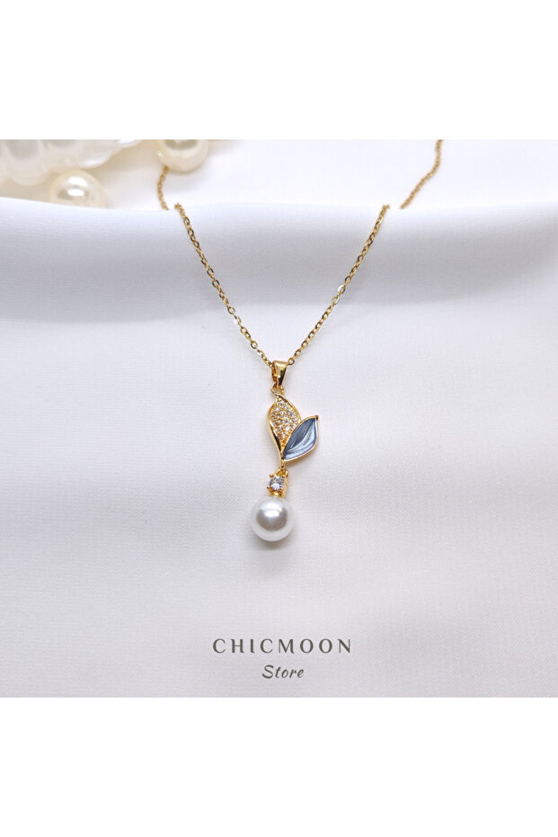 Steel Stone Pearl Leaf Necklace