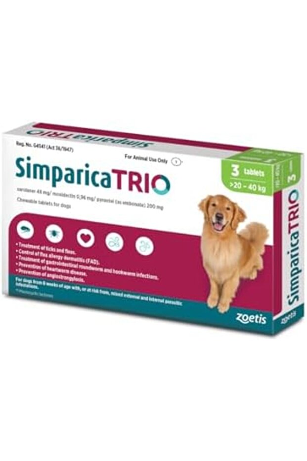 Simparica TRIO the Complete Flea, Tick, and Heartworm Prevention for Dogs (20-40Kg ×3 Tablets)