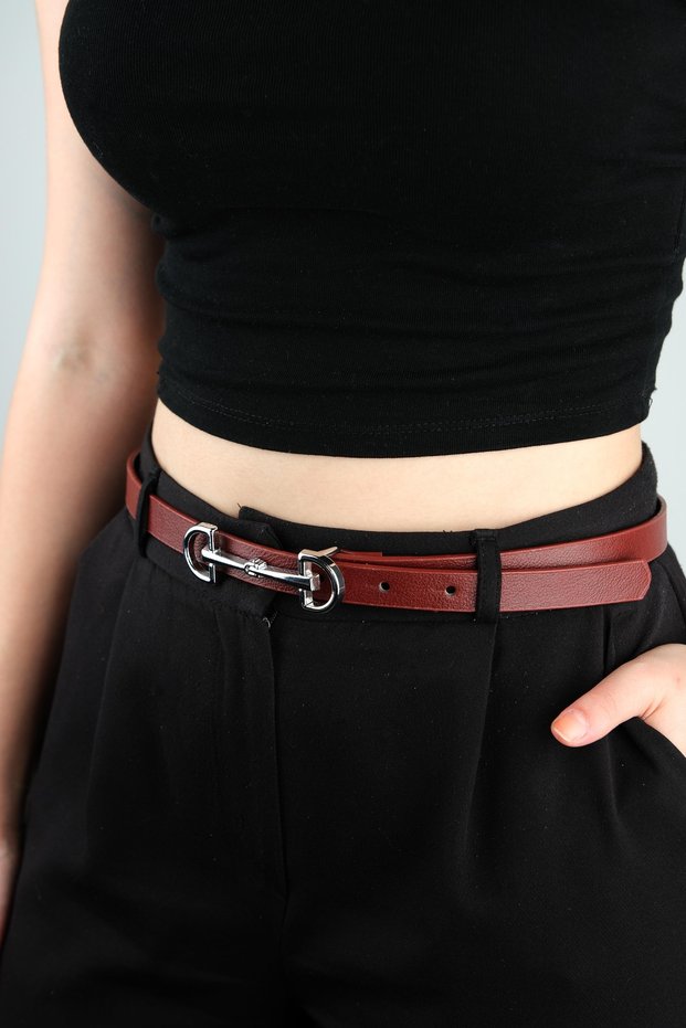 Women's Brown Faux Leather Thin Metal Buckle Dress Trouser Belt