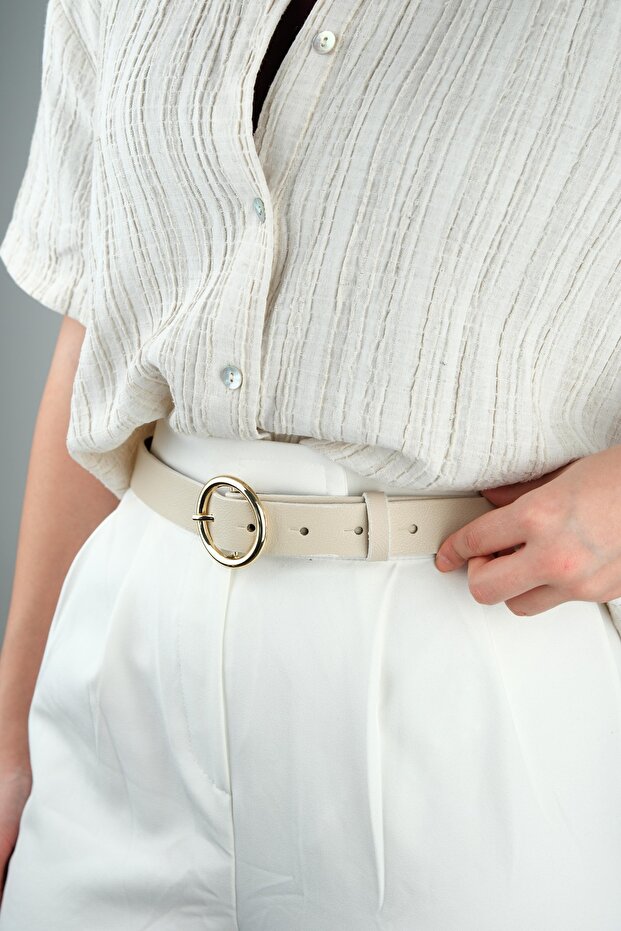 Women's Round Yellow Buckle Beige Leather Belt 100 cm