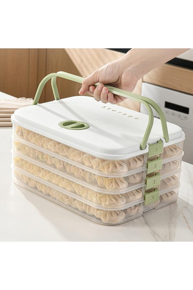 4-Layer Dumpling Storage Box, Stackable Organizer with Buckle, Lid & Handle for Wontons, Cookies, Do