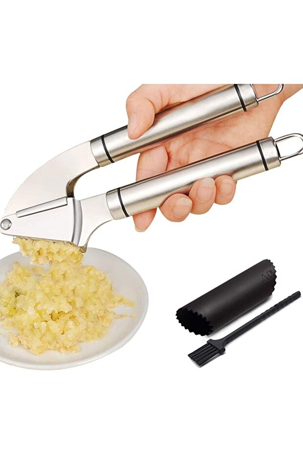 Large Capacity Stainless Steel Garlic Press Set, Mincer Crusher with Peeler & Brush