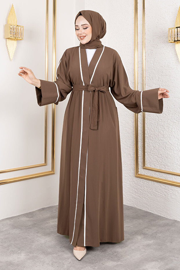 Snap Fastener Piping Detailed Shawl Abaya Tsd250174 Brown