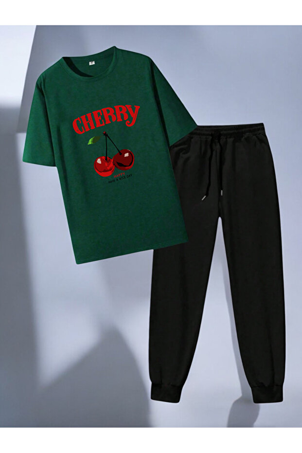 Unisex Happy Cherry Design Printed Tshirt Tracksuit Set