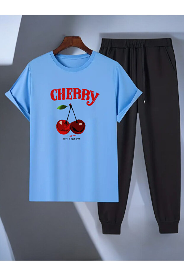 Unisex Happy Cherry Design Printed Tshirt Tracksuit Set