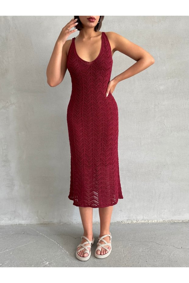 Women's Burgundy Strappy Openwork Summer Knitwear Dress