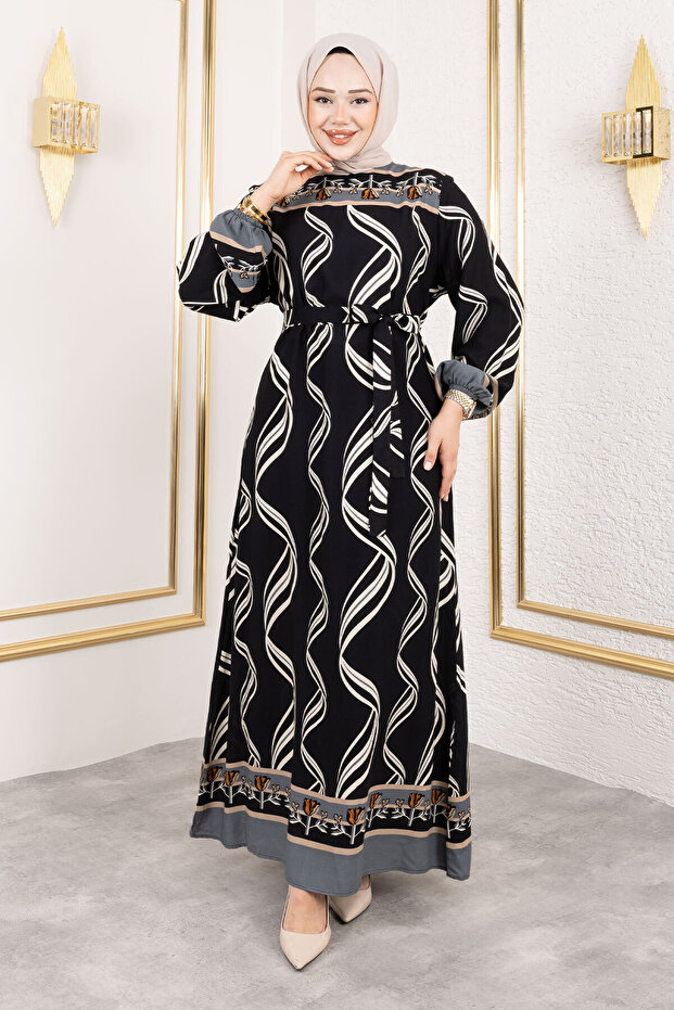 Rose Patterned Viscose Long Hijab Dress Tsd250178 Black