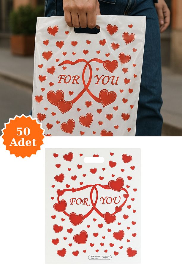 Dayanıklı Güçlendirilmiş Kulplu Foryou Kalp Baskı Takviyeli Poşet No 5 47x57,5 Cm 50 Li - 1