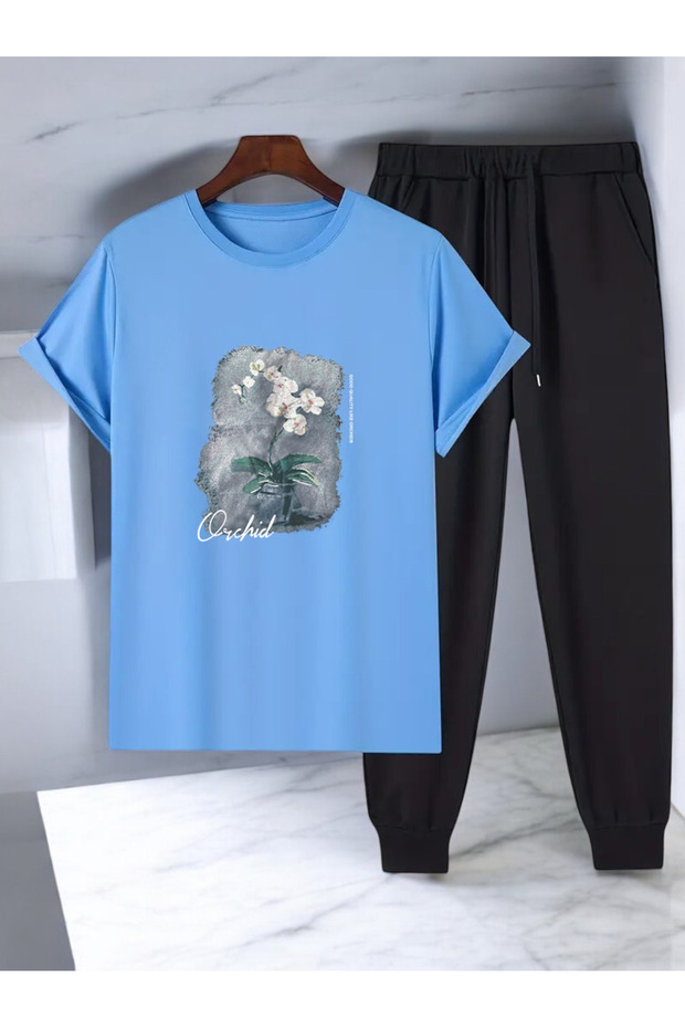 Unisex Flower Pot Design Printed Tshirt Tracksuit Set