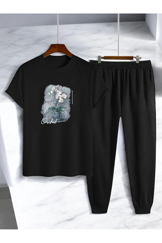 Unisex Flower Pot Design Printed Tshirt Tracksuit Set