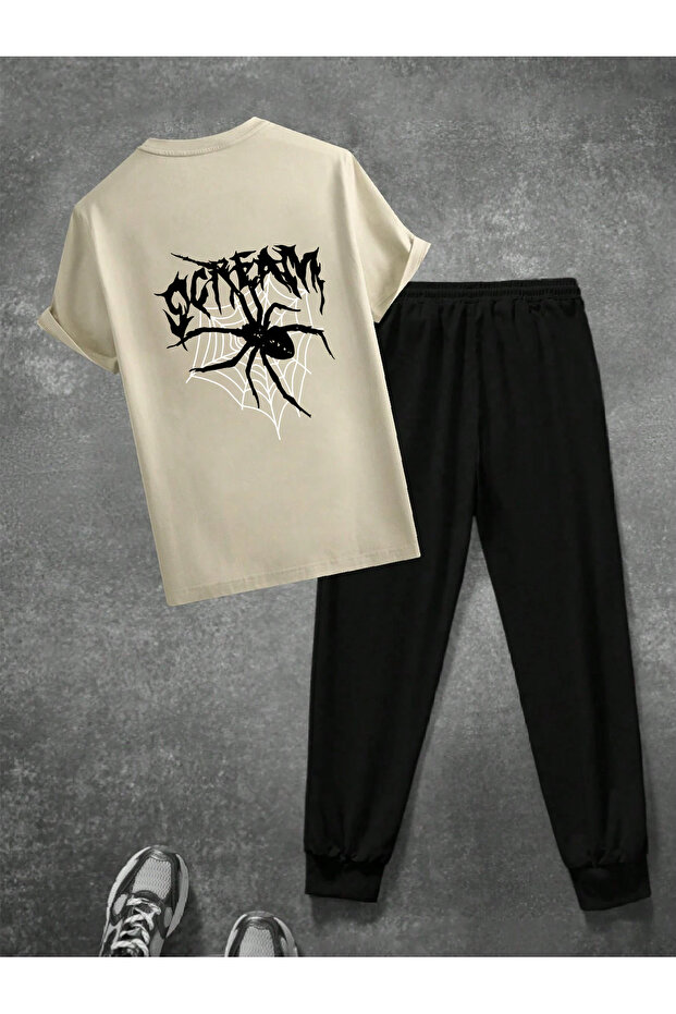 Unisex Scream Black Design Printed Tshirt Tracksuit Set