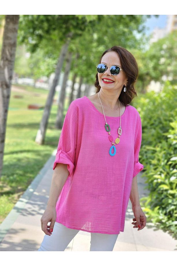 Kolyeli Rahat Kalıp İthal Pembe Pamuk Bluz - 5