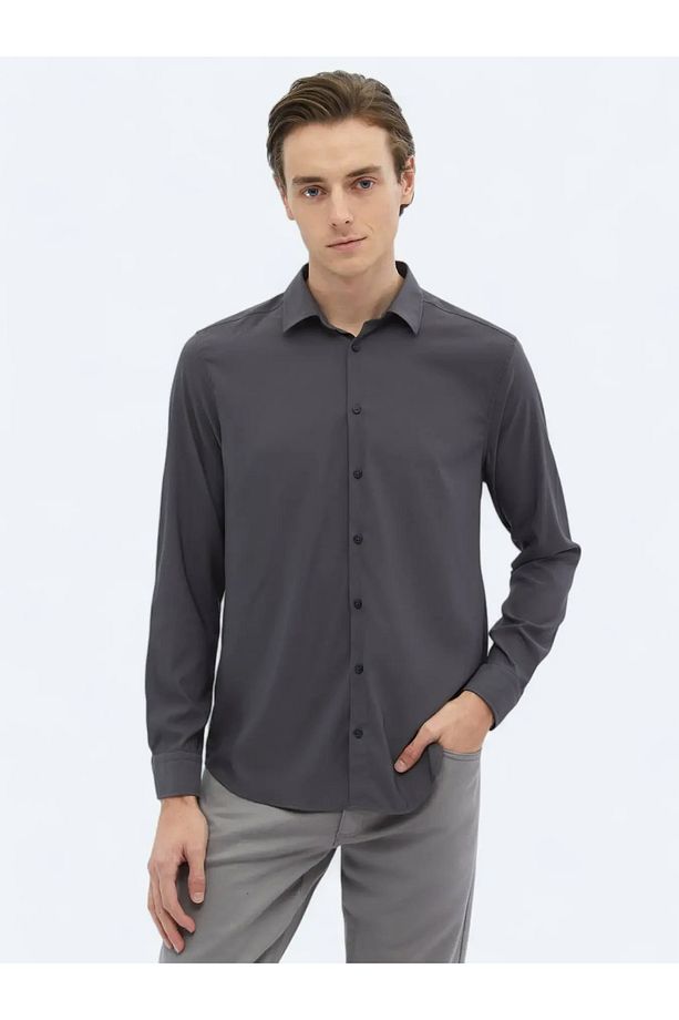 Antrasit Düz Regular Fit Dokuma Casual Gömlek - 3