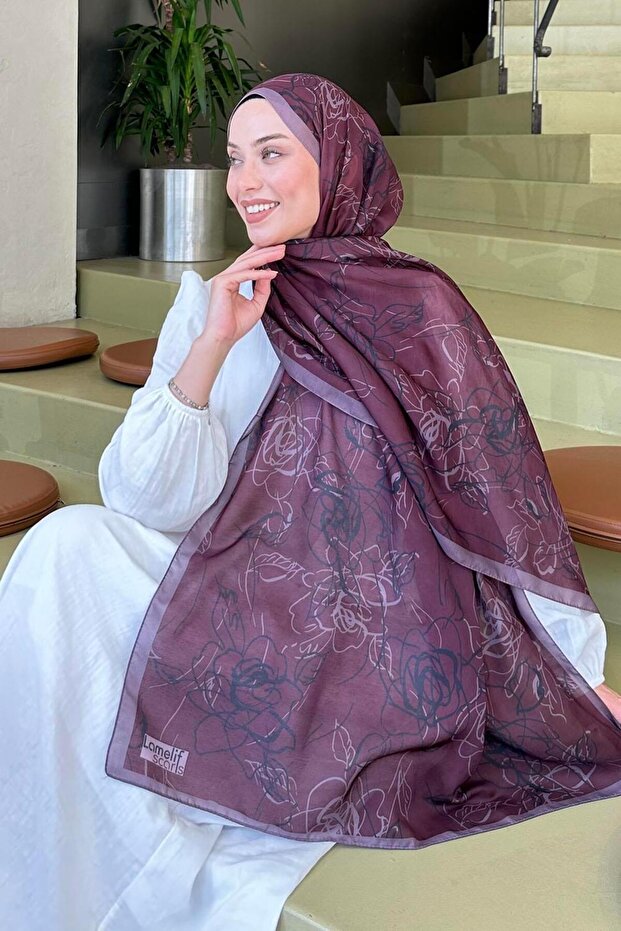 Çiçek desen Soft Şal Mürdüm - 3