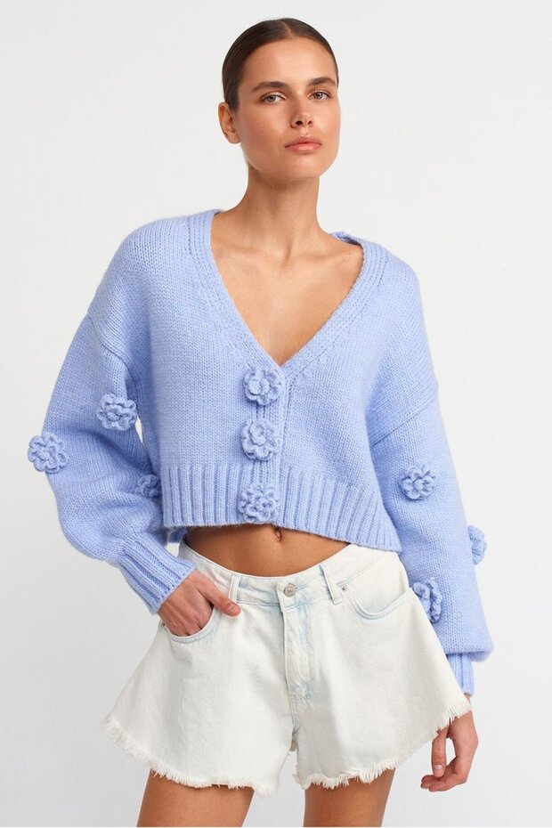V-Neck Handwork Rose Embroidered Blue Women's Cardigan 60216-2K5