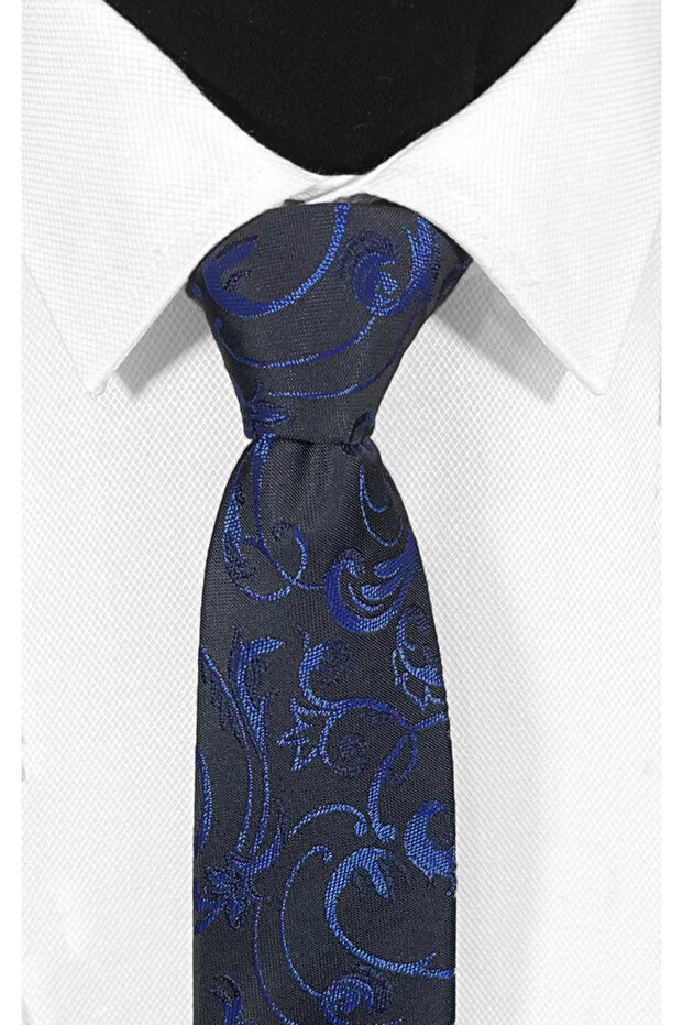 Shawl Pattern Navy Blue Black Tie and Pocket Square 7cm Width - 3