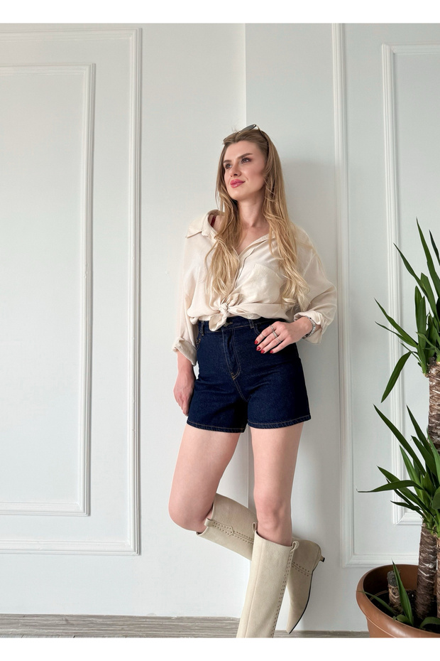 Koyu Mavi Fit Denim Şort - 4