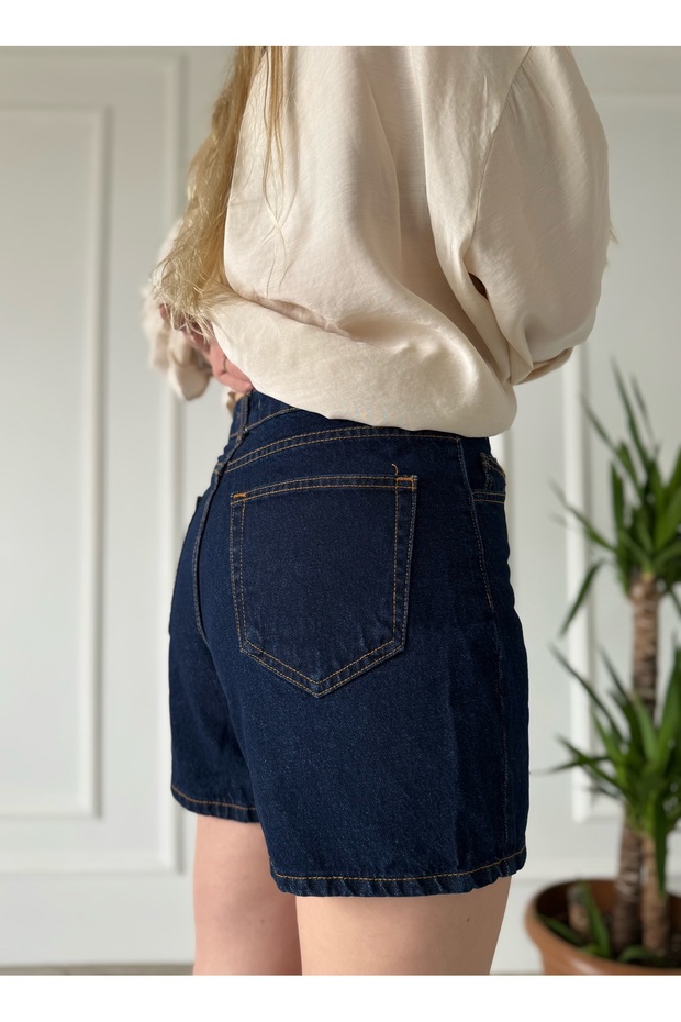 Koyu Mavi Fit Denim Şort - 3