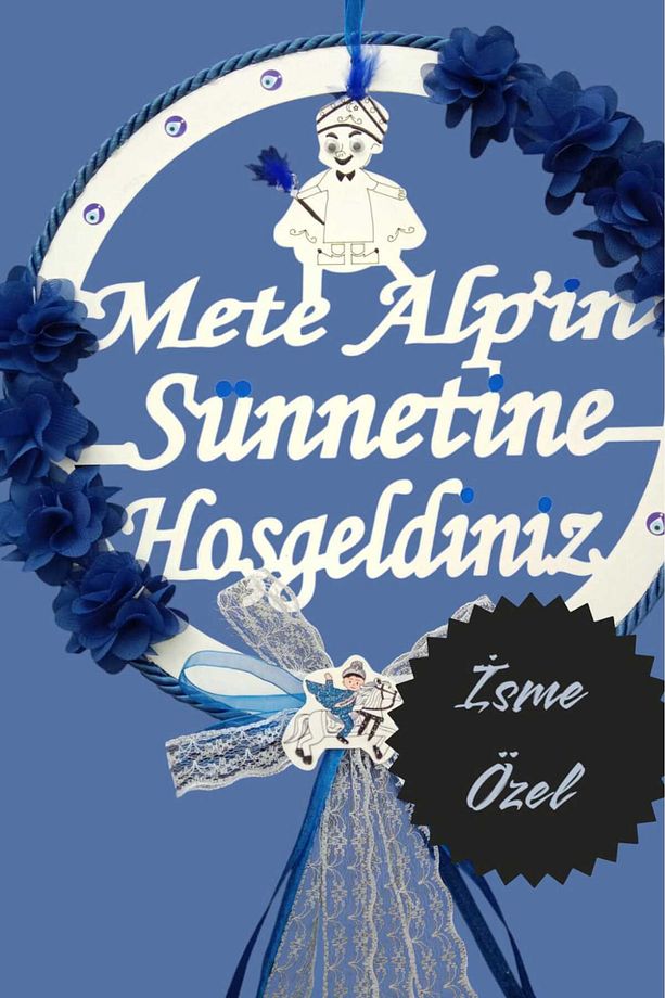 Kişiye İsme Özel Sünnet Kapı Süsü ( Ahşap Mavi Çiçekli Sünnetimize Hoşgeldiniz Kapı Süsü) - 1