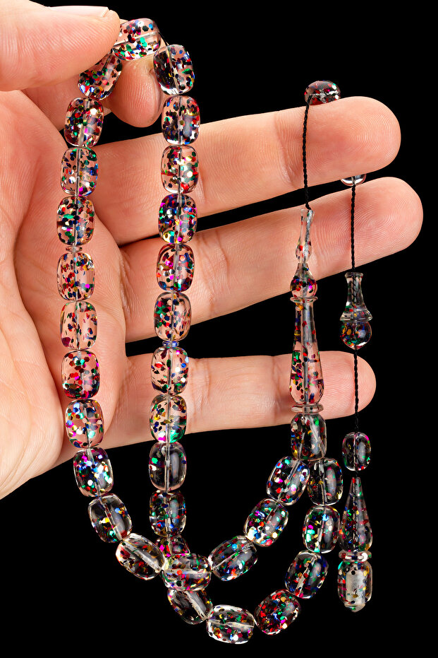 Certified System Tasseled 9X12Mm Colorful Airplane Glass Rosary with Glitter Particles