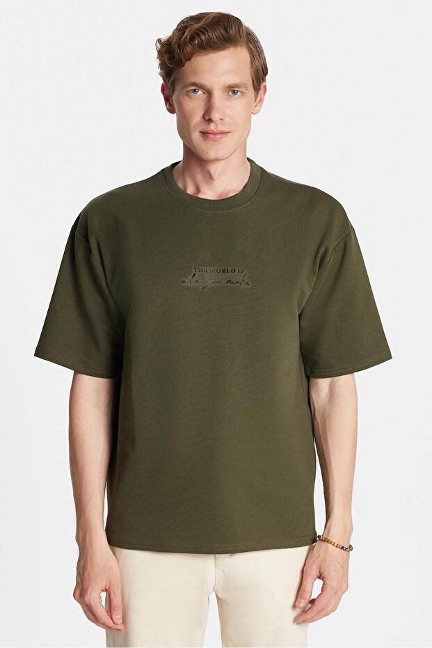 Men's Oversize Wide Cut Cotton Printed Crew Neck Khaki T-Shirt
