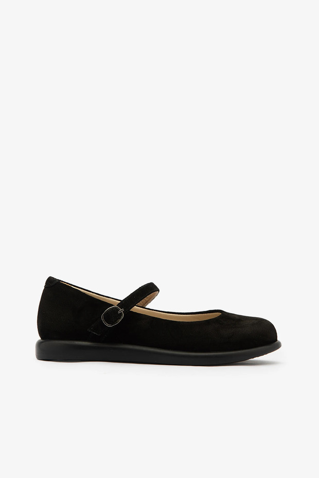 Black Genuine Leather Suede Buckle Women's Ballerina Shoes