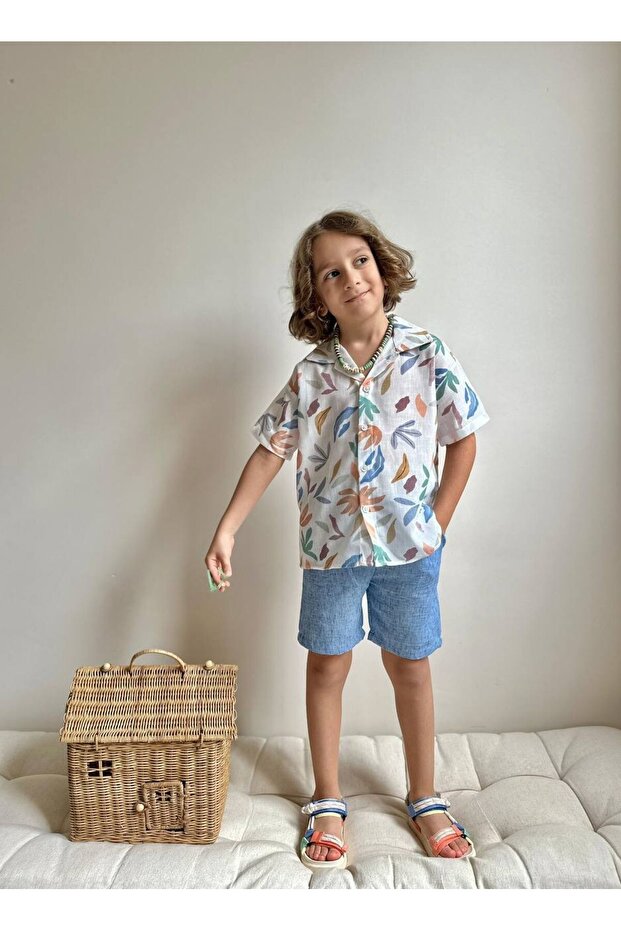 Boy's Leaf Patterned Muslin Shorts and Shirt Cotton Suit