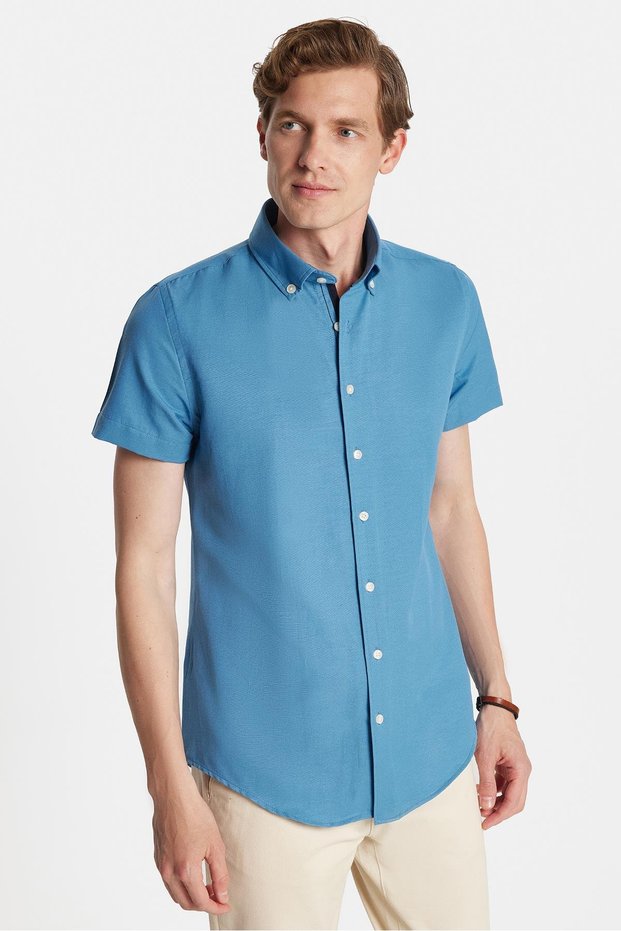Men's Slim Fit Slim Fit Short Sleeve Sports Collar Oxford Texture Cotton Indigo Shirt
