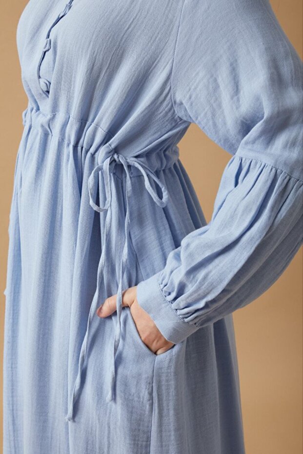 Düğmeli Müslin Elbise - 4