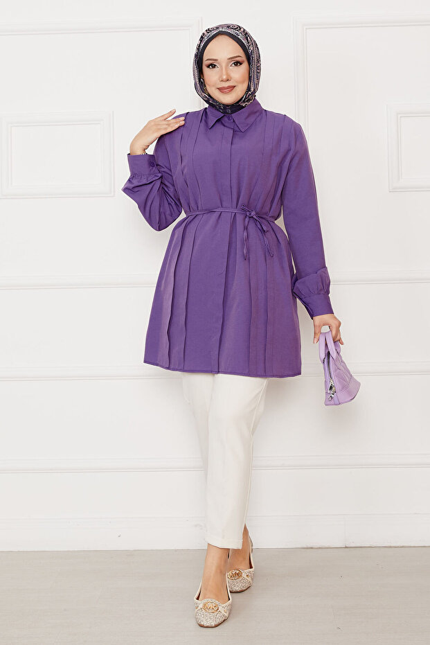 Boydan Hidden Buttoned Pleated Detailed Hijab Shirt Purple