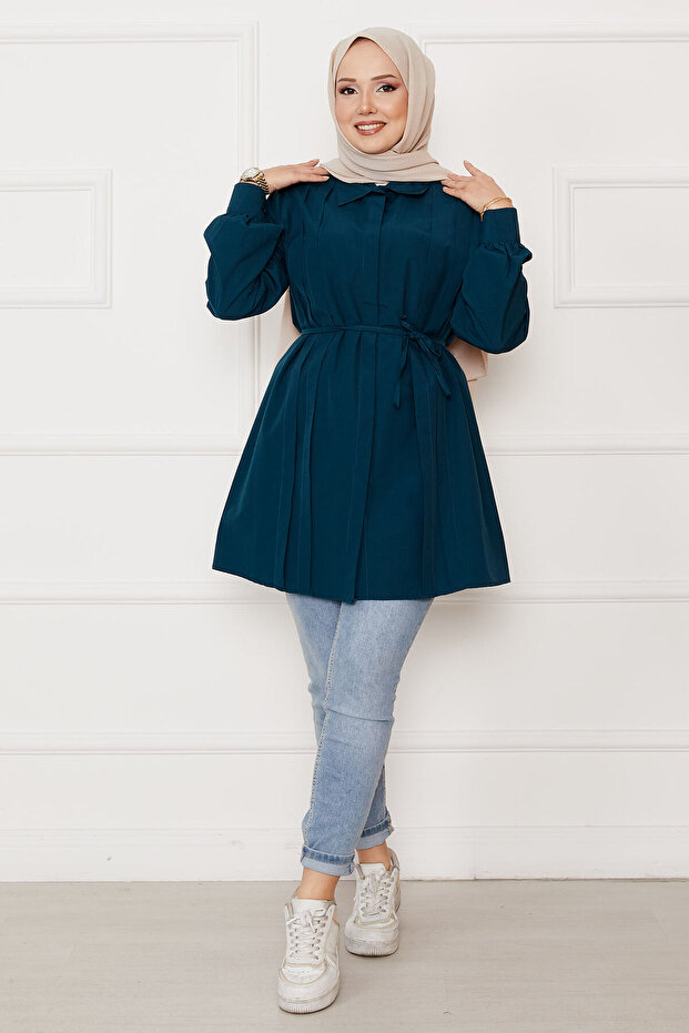 Height-Length Hidden Button Pleat Detail Modest Shirt Petrol