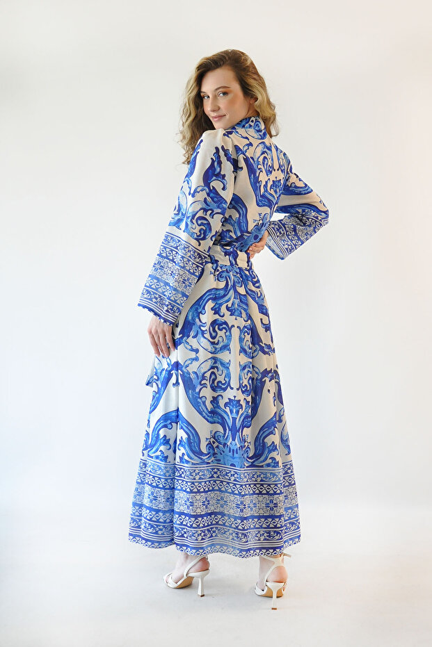 طقم شال منقوش - أزرق - 3