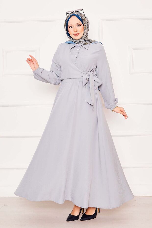 Side Tie Elastic Waist Hijab Dress Gray