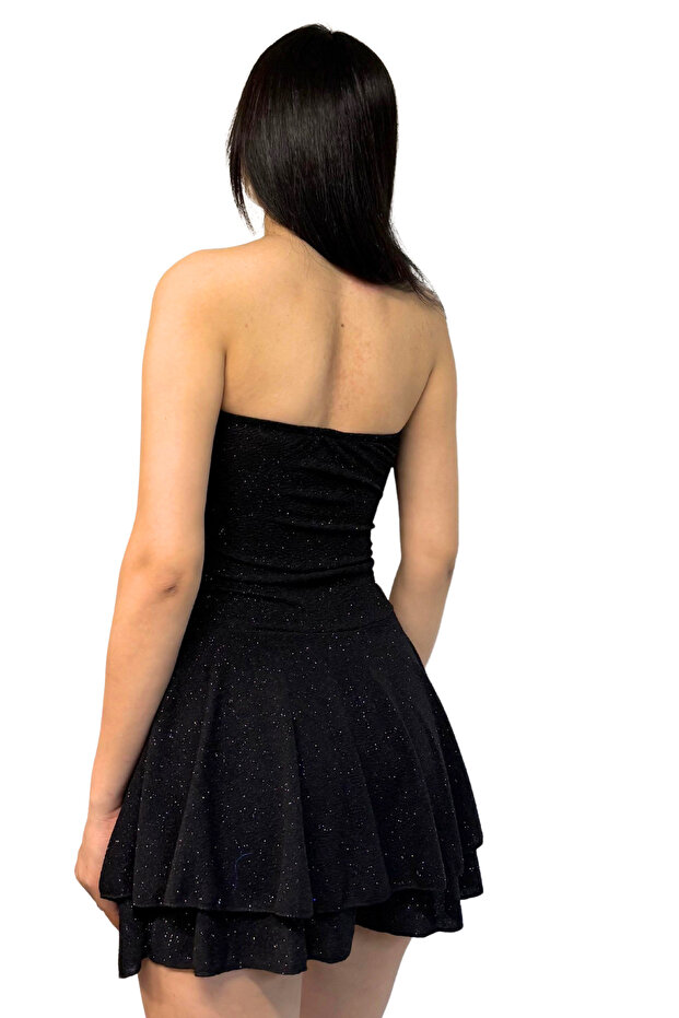 Straplez Siyah Simli Elbise Şortlu - 5