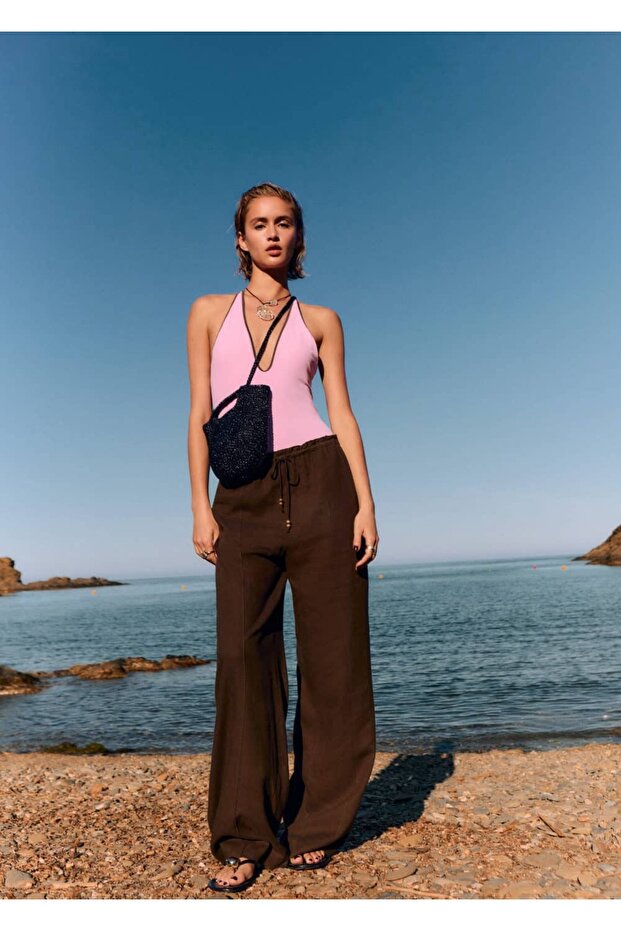 Keten karışımlı beli elastik pantolon - 2