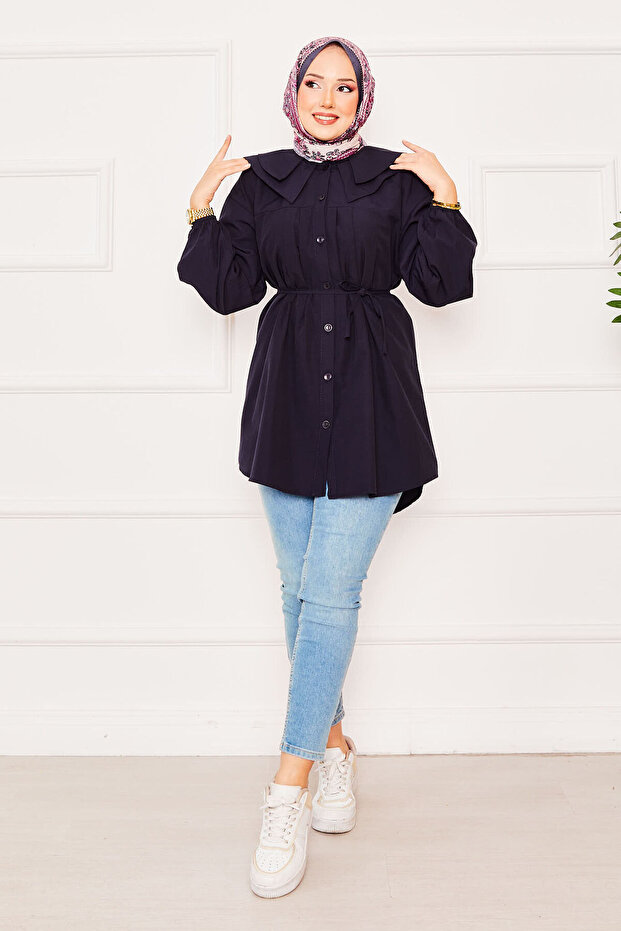 Double Collared, Tie-Waist Hijab Shirt, Navy Blue
