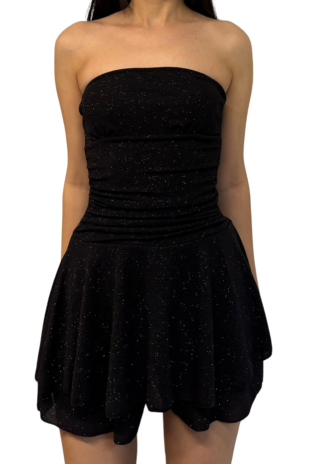 Straplez Siyah Simli Elbise Şortlu - 3