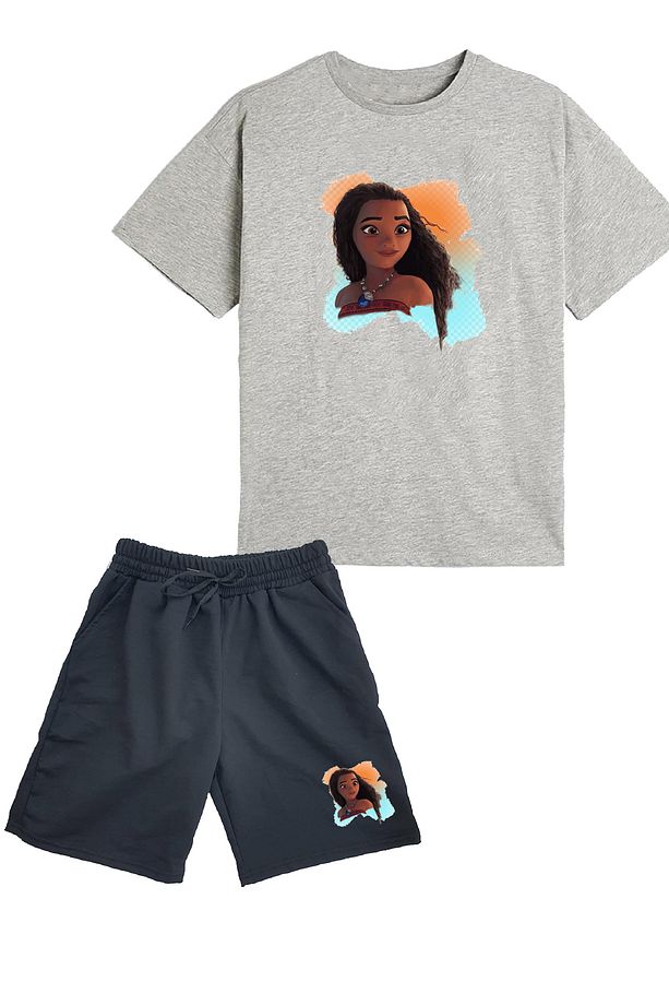 2'li Set Baskılı Kız Çocuk Pamuk Şort Tshirt Takım Moana 5 6 7 8 9 10 11 12 13 14 yaş Tişört - 1