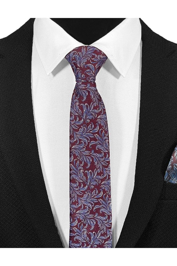 Bordo ve İndigo Mavisi Yaprak Motifli Mikrofiber Kravat ve Mendil Seti - 7 cm Modern Kesim - 2