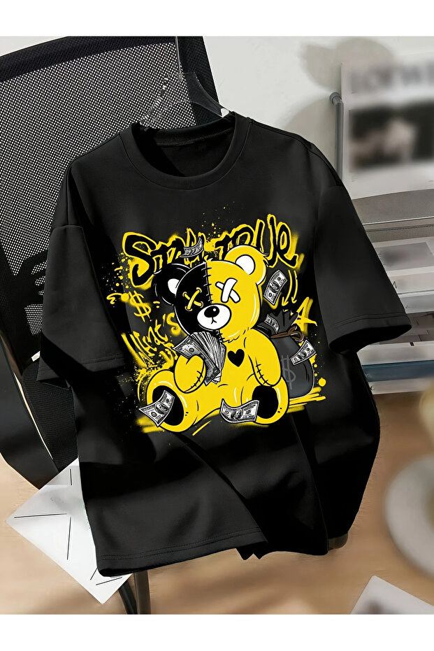 Cotton Oversize Teddy Bear Printed Short Sleeve Crew Neck Casual Daily T-Shirt