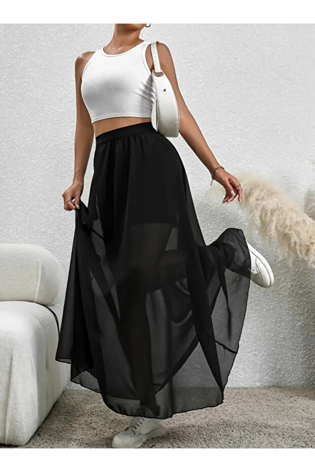 Tulle Long Flared Skirt with Mini Skirt Detail Inside