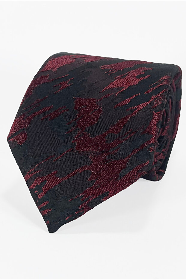Microfiber Tie and Handkerchief Set with Burgundy Brush Pattern on Black Background - 7 cm Modern Cut