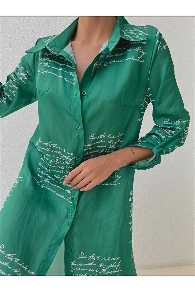 Women's Satin Text Patterned Shirt Dress