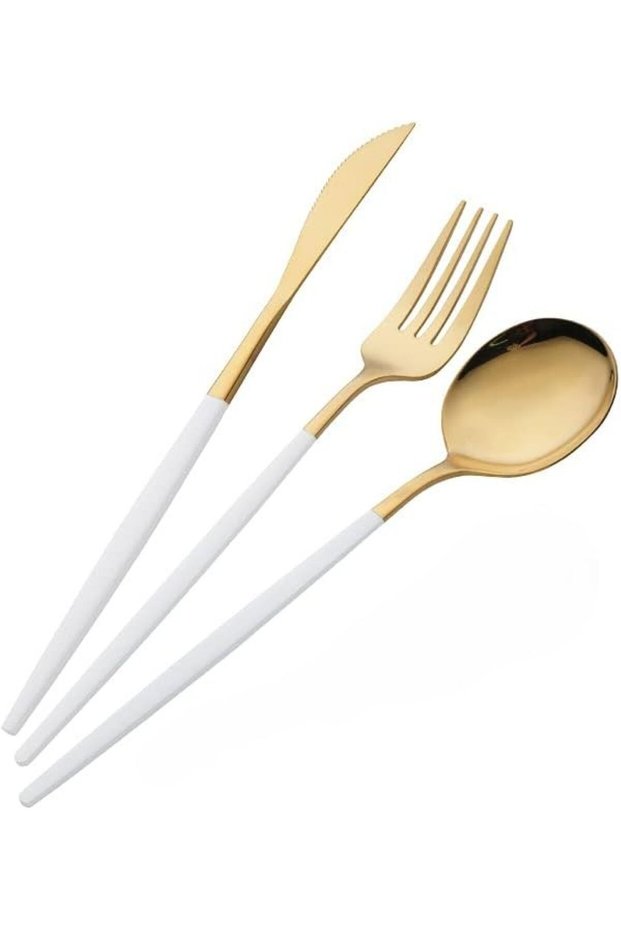 A Personality Modern Gold White Stainless Steel 3 Piece Round Form Luxury Cutlery Knife Spoon Set