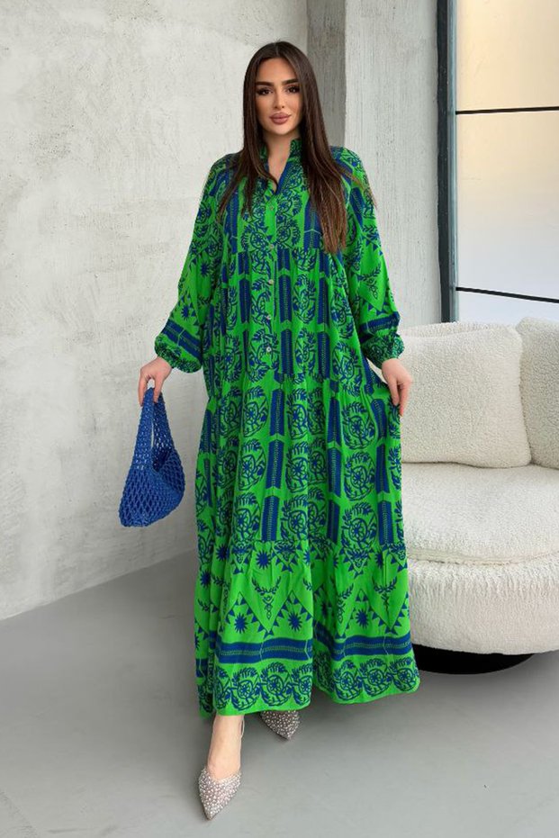 Women's Green Button Detailed Placket Neckline Ethnic Print Balloon Sleeve Loose Long Dress